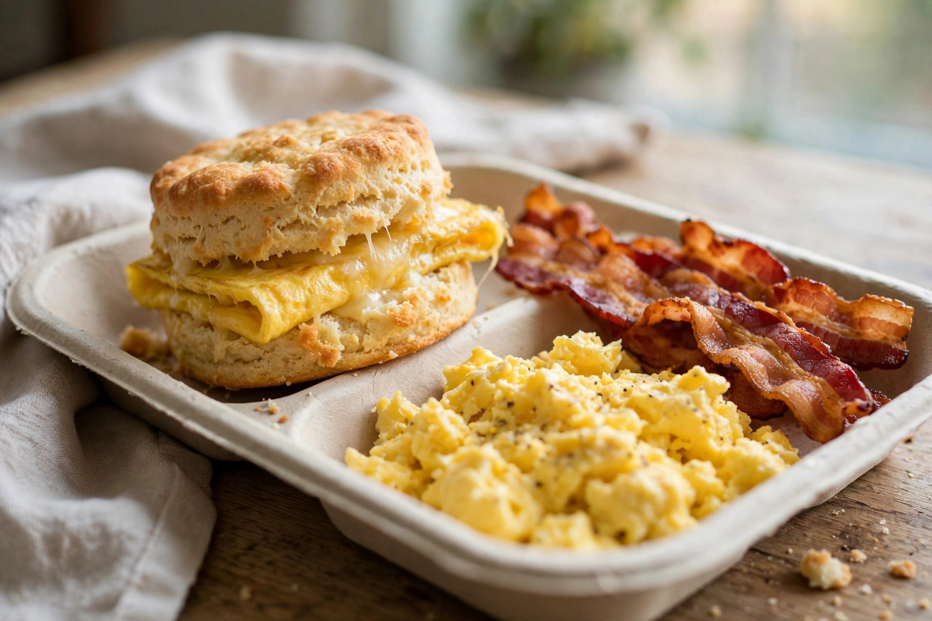 Breakfast category - biscuit sandwich and breakfast bowl served in the morning