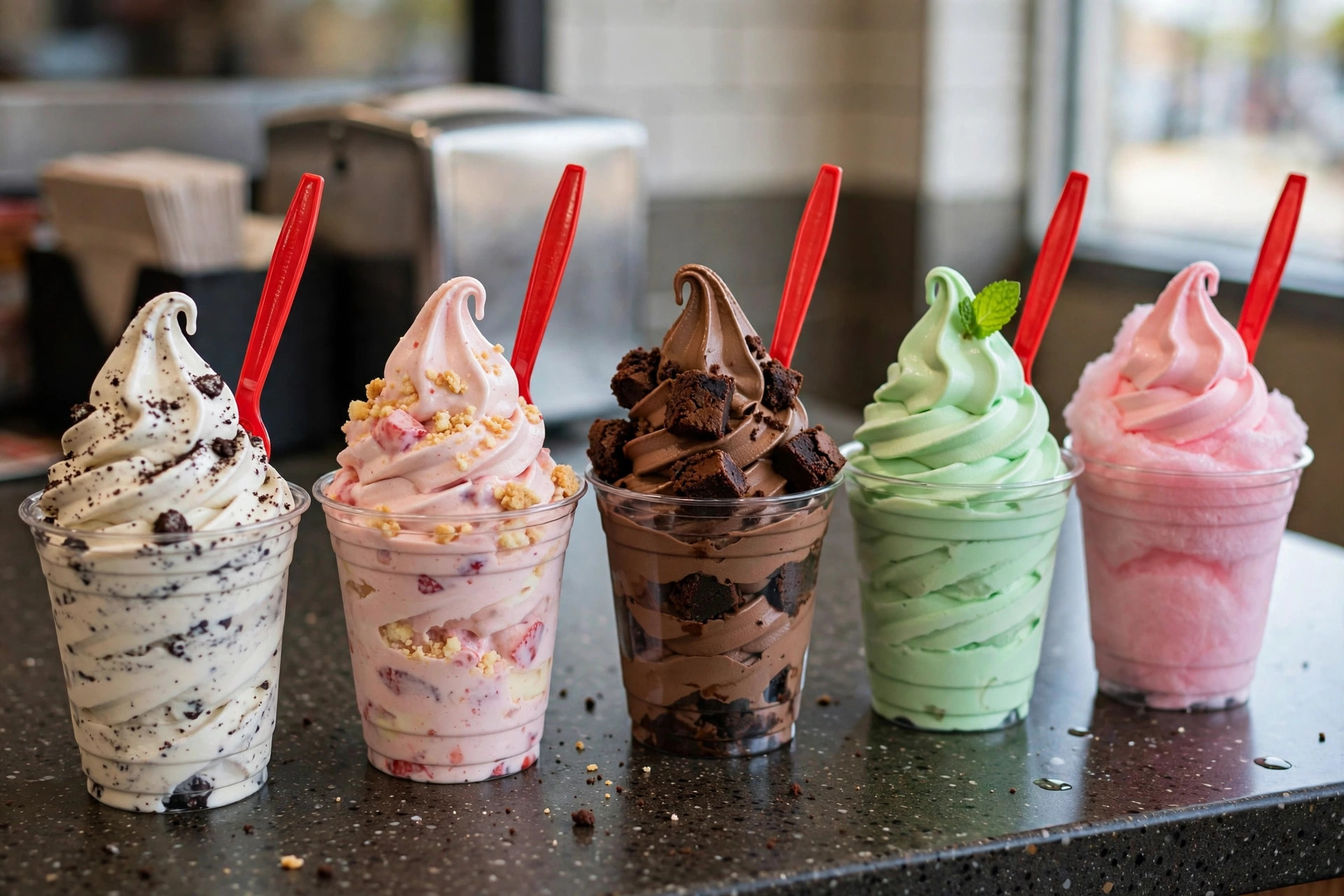 Dairy Queen Blizzard sizes lineup: Mini, Small, Medium and Large Blizzard Treats with the full dairy queen blizzard sizes range on one counter