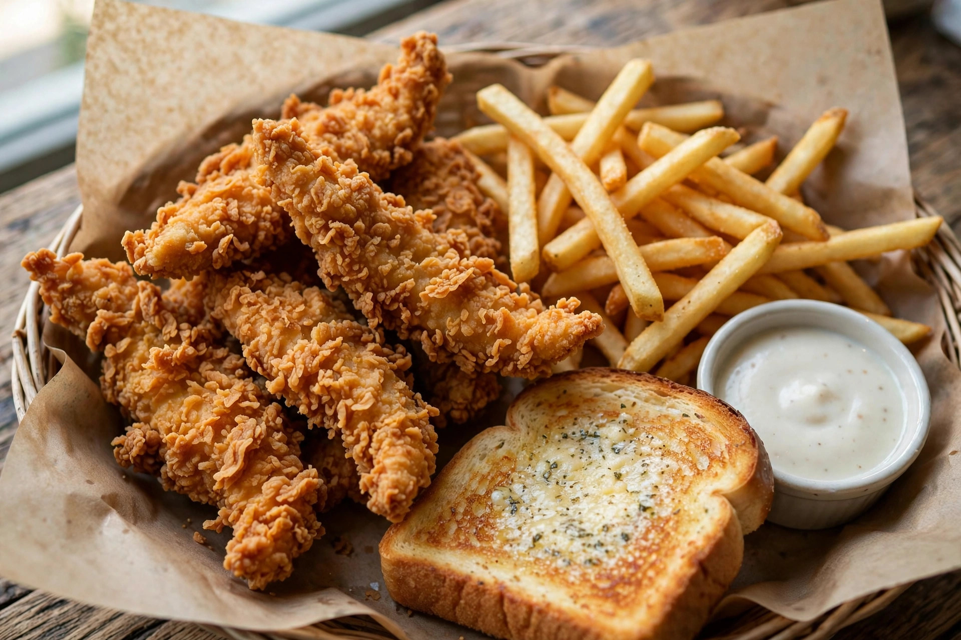 Chicken Strip Basket with fries, Texas toast and dipping sauce