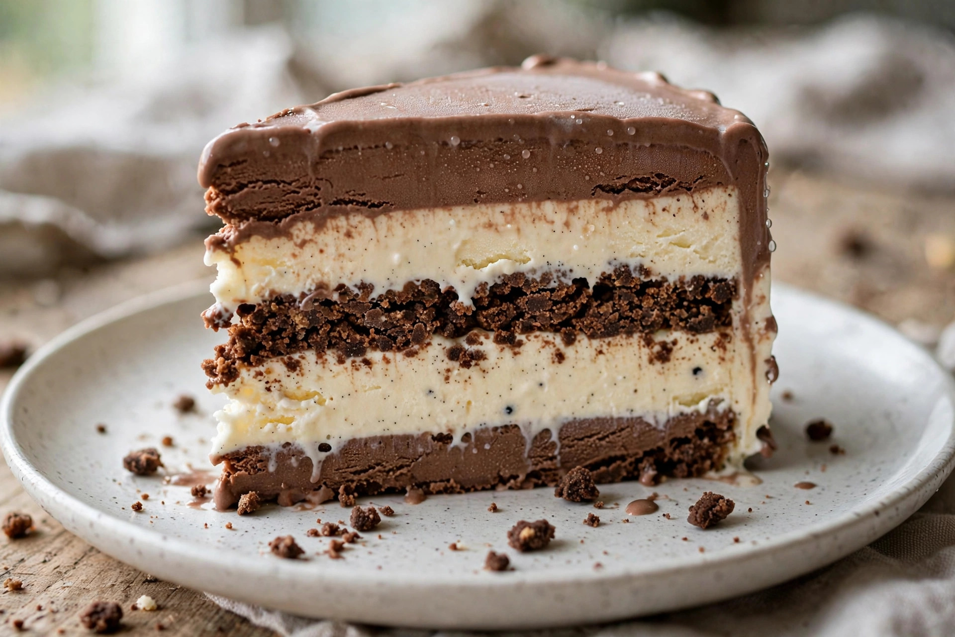 Traditional DQ Signature Cake with soft serve layers and fudge crunch center