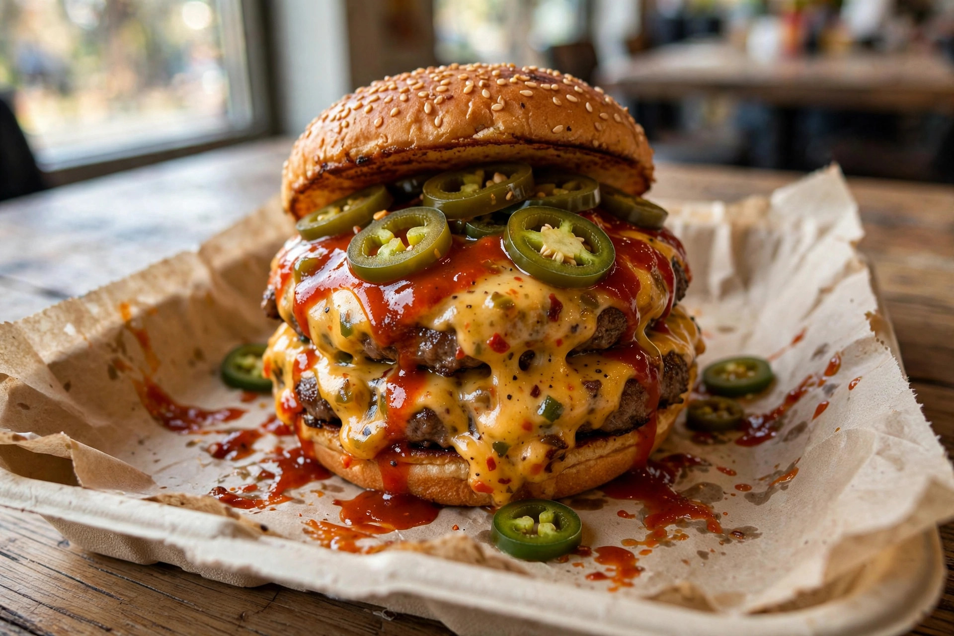 FlameThrower Burger with spicy sauce and pepper jack