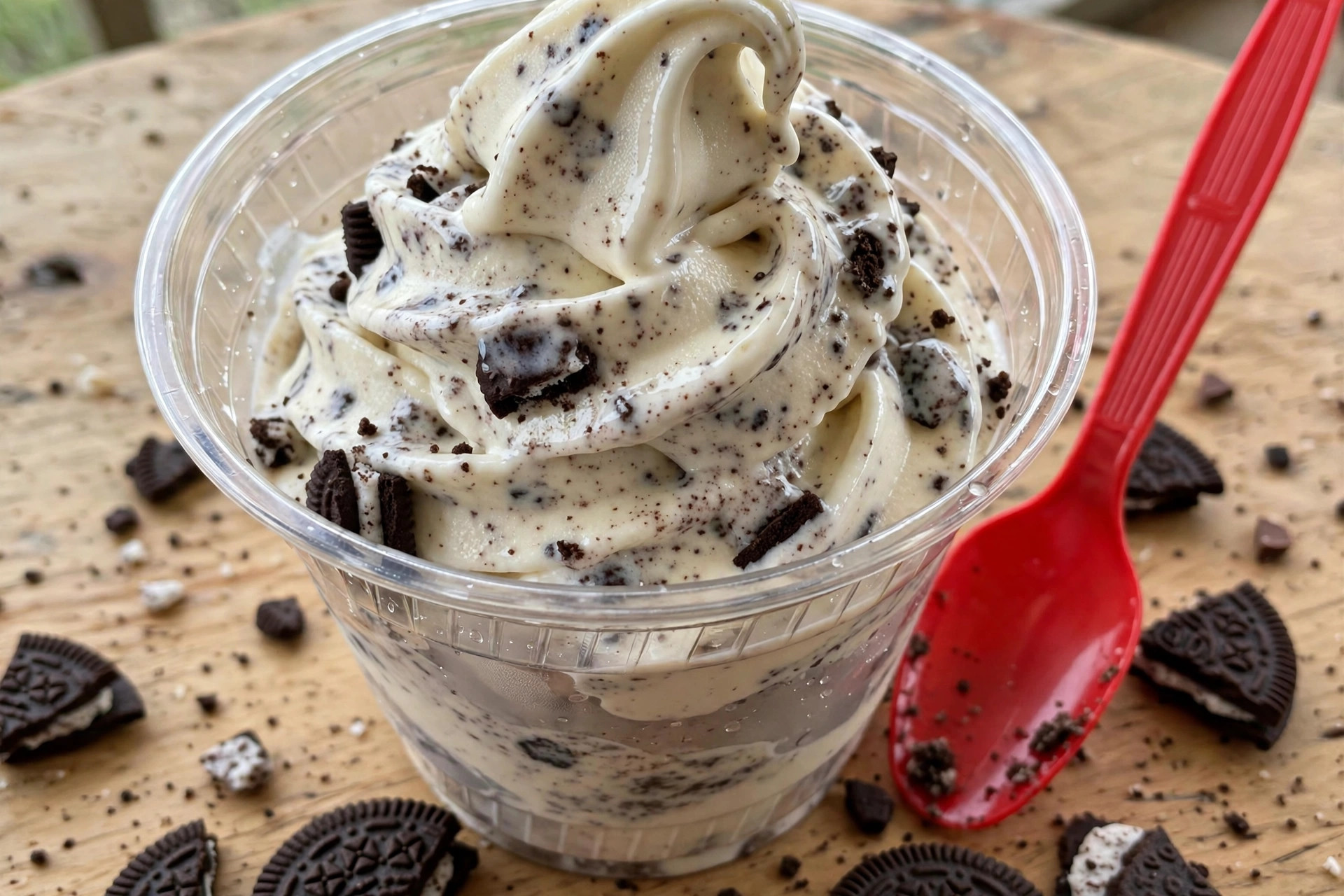 Oreo Blizzard Treat cup from the Dairy Queen menu with prices, vanilla soft serve blended with Oreo cookie pieces
