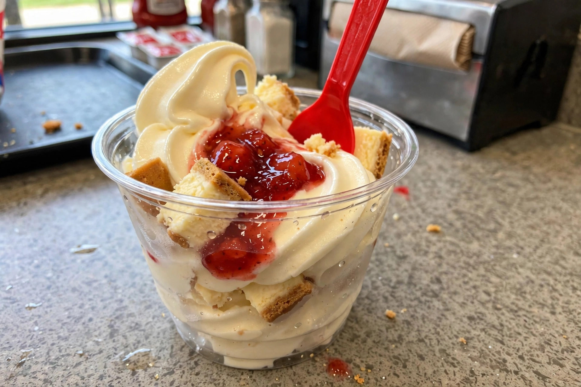Royal New York Cheesecake Blizzard with a filled strawberry center